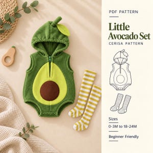Peut inclure: Un patron PDF pour un ensemble Little Avocado par Cerisa Pattern, comprenant une barboteuse à capuche sans manches avec un extérieur vert foncé, un centre vert clair et un noyau marron, avec des chaussettes rayées jaune et blanc, tailles 0-3M à 18-24M.