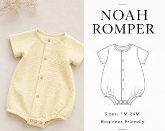 May include: A pale yellow short-sleeve romper with a button-front placket and elastic leg openings. The image includes a line drawing of the garment labeled PDF PATTERN NOAH ROMPER, Sizes: 1M-24M, Beginner Friendly, CERISA PATTERN.