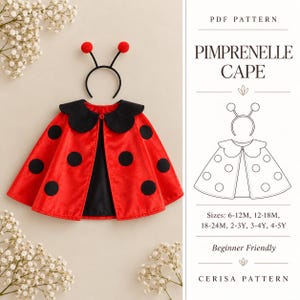 Könnte beinhalten: Ein roter Umhang mit schwarzen Punkten und einem schwarzen, gewellten Kragen, dazu ein schwarzer Haarreif mit zwei roten Pompons an Drahtantennen. Der Text lautet PDF PATTERN PIMPRENELLE CAPE, Sizes: 6-12M, 12-18M, 18-24M, 2-3Y, 3-4Y, 4-5Y, Beginner Friendly.