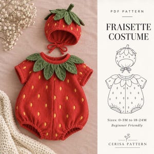 Patrón de costura en PDF para disfraz de fresa | Pelele de bebé con cuello y gorro de hojas | Tallas 0-24M | Disfraz de fresa