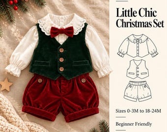 Op de afbeelding: Een PDF-patroon voor een Little Chic kerstset bestaande uit een wit shirt met lange mouwen en een kanten kraag, een donkergroen fluwelen vest met drie knopen en een rode strik, en een rode fluwelen korte broek met lijntekeningen.