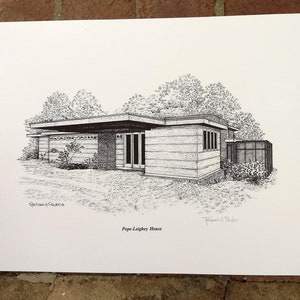 Frank Lloyd Wright designed Pope-Leighey House, Print of drawing by Rachael A. Peden  ready for framing
