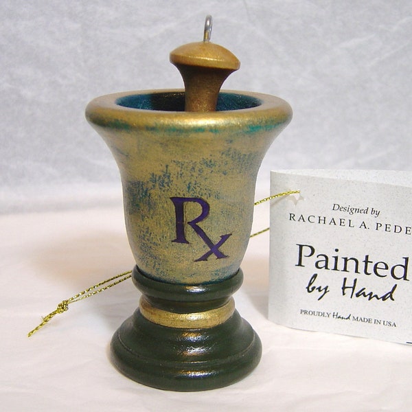 Pharmacy Ornament MORTAR and PESTLE  hand painted on wood