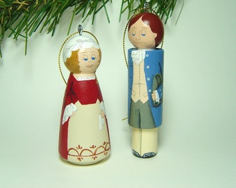 Colonial Man and/or Colonial Woman Ornament, hand painted on wood in USA