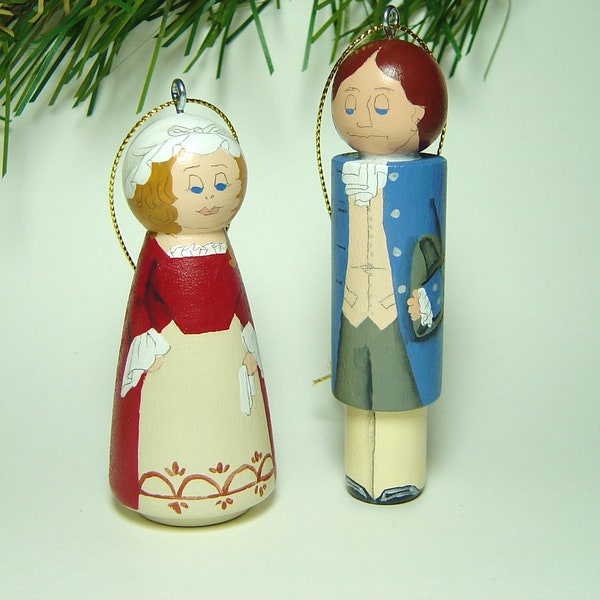 Colonial Man and/or Colonial Woman Ornament, hand painted on wood in USA