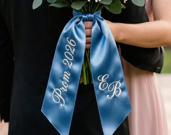 Embroidered Prom 2026 Satin Bouquet Sash, Graduation Name Bouquet Sash, Personalized Monogram Ribbon, Gift for Her