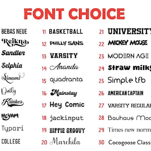 May include: A white background displays a red "FONT CHOICE" header. Below, thirty font styles are listed, each with a number and a sample of the font. The fonts vary in style, including script, bold, and sans-serif.