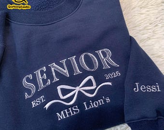 Embroidered Senior 2026 Hoodie, Coquette Bow, Personalized Gift