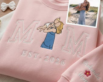 Felpa Mama con Foto, Felpa con Felpa Personalizzata Ricamata con Ritratto di Mamma e Figlia, Maglietta Varsity, Maglietta Personalizzata Ricamata per Mamma Mama Mommy