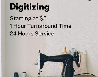 May include: An image of a vintage black sewing machine on a wooden base. The text reads "Custom Embroidery Digitizing" with details about turnaround time and service. Spools of thread and sewing notions are on the table.