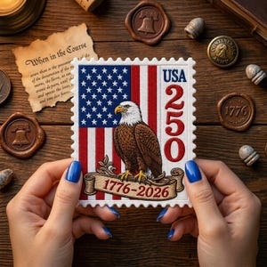 Embroidered 250 Years of Freedom Stamp Patch, USA Eagle Betsy Ross Grommet Flag Patch, 250th Anniversary Gift, Patch for Jacket Hat Backpack
