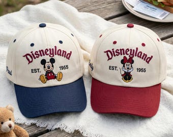 Vintage Magical Land Hat with Mouses Couple,Embroidered Est. 1955 Baseball Cap, Retro Embroidered Hat Gift for Park Trips, Magical Park Hat