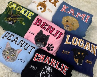 Custom Embroidered Pet Portrait Sweatshirt: Personalized Dog Cat Photo