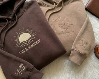 Personalized Couple Hoodie, Sun & Moon Embroidered Sweatshirt, Custom Roman Numerals Sweatshirt, His and Hers Outfit, Wedding Gift