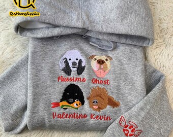 Personalized Multi-Pet Embroidered Hoodie: Custom Pet Portrait Sweatshirt