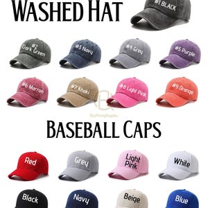 May include: Collection of baseball caps in various colors, including black, navy, red, and grey. The image also features washed hats in colors like dark green, khaki, and light pink. Each cap is labeled with a color name.