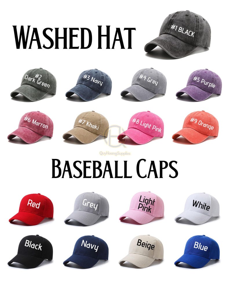 May include: Collection of baseball caps in various colors, including black, navy, red, and grey. The image also features washed hats in colors like dark green, khaki, and light pink. Each cap is labeled with a color name.