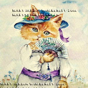 Whimsical Watercolor Tabby Cat in Edwardian Tea Gown Print