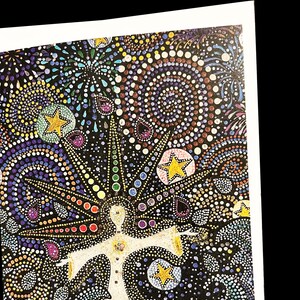 May include: A colorful abstract painting with a white figure in the center. The background is black with a variety of colorful dots and swirls. The figure is surrounded by stars and other abstract shapes.