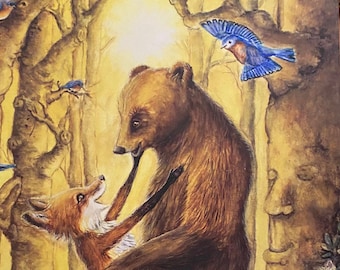 Bear Fox Print, Romantic Animal Art, Storybook, Romantic Watercolor, Watercolor Animals, Fox Romance, Watercolor Bear Fox, Fox Illustration,