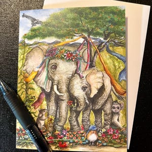 Carte de 5 éléphants, bébé maman éléphant, carte de fête des mères, art éléphant, fleurs éléphants, savane africaine, peinture éléphant, carte du 1er mai