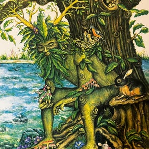 Peut inclure: Une figure humanoïde verte avec une barbe feuillue et des bois est assise sous un grand arbre. La figure est entourée de diverses créatures de la forêt, notamment un lapin, un écureuil, un oiseau et une grenouille. La scène est peinte dans un style fantaisiste avec des couleurs vives.