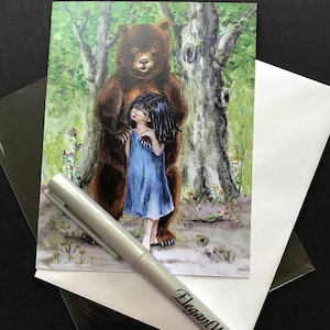 5 Woodland Bear Cards, 5 Brown Bear Cards, 5 Note Card Set, Companion Bear Card, Watercolor Grizzly , 5 Note Card Pack, Girl and Bear Cards