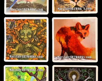 6 Art Magnets, Fine Art Magnets, Watercolor Fox, Tiger Face, Goddess Art, Nature Crone, Bluebird Image, Chickadee Collage, Refrigerator Art
