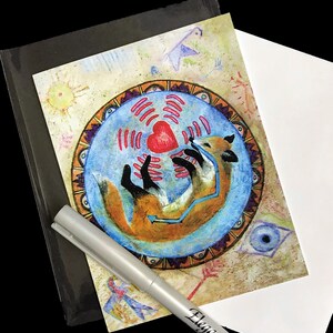 5  Fox Heart Note Cards, 5 Spirit Fox Cards, Native Totem Fox, Watercolor Fox Art, Vision Shield fox, 5 Fox Blank Art Cards, Fox Painting