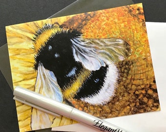 5 Bumble Bee Cards, 5 Bee Note Cards, Bumble Bee Card Set, Watercolor Bee Card, Bee and Flower Art, Watercolor Bee, 5 Gift Note Cards