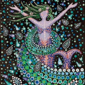 Splashing Blue Mermaid Water Goddess Print, Beach Artwork, Australian Divine Feminine Dot Painting
