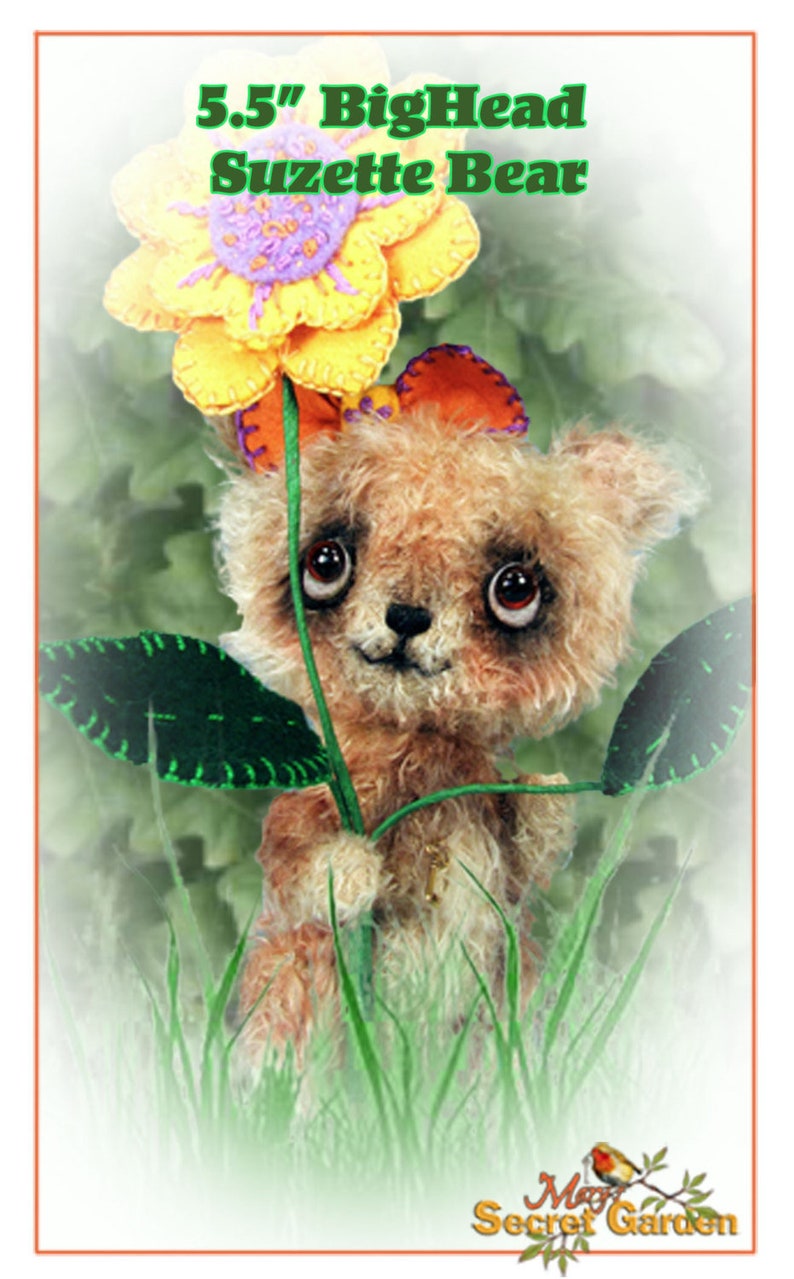 May include: A 5.5" BigHead Suzette Bear teddy bear holding a yellow flower with green leaves. The bear has brown fur and large brown eyes. The text "My Secret Garden" is at the bottom of the image.