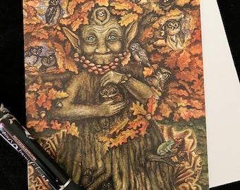 Tree Crone Card, Oak Tree Crone, Owls Oak Tree, Crone Fairy Card, Magical Oak Tree, Third Eye Crone, Heart Chakra Owl