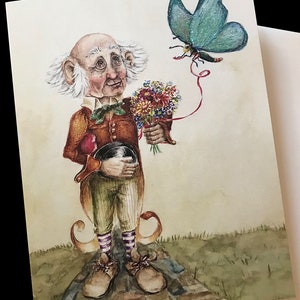 Carte elfe scintillante, carte homme des fées, bouquet de papillons, carte elfe de la Saint-Valentin, carte pardonnez-moi, carte d'excuses, carte romantique, carte vieil homme elfe