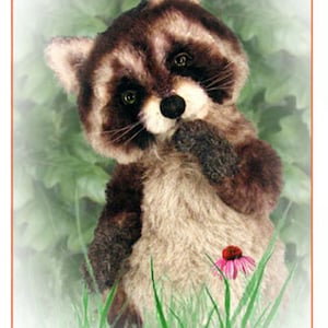 May include: A plush raccoon toy named "Woody Raccoon" is standing in a green grassy area with a pink flower. The toy has a brown and gray fur pattern and is looking to the side. The text "My Secret Garden" is at the bottom of the image.