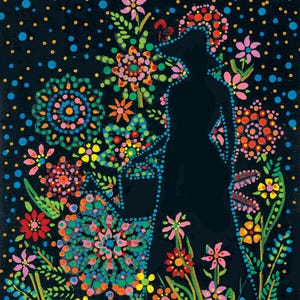Romantic Gardener Goddess Dot Art Painting, Australian Dot Art, Colorful Flower Garden, Colorful Dots, Cosmic Flowers, Watering Can