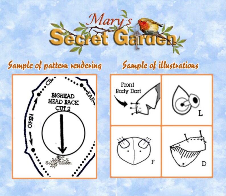 May include: A black and white illustration of a sewing pattern for a head, with instructions for cutting and sewing. The pattern includes a circle with the words "BIGHEAD HEAD BACK CUT 2" and an arrow pointing down. The illustration is labelled "Sample of pattern rendering".