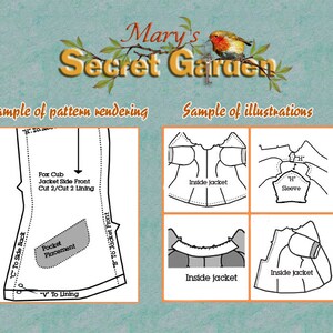 May include: A black and white illustration of a sewing pattern for a jacket. The pattern includes instructions for the side front, pocket placement, and lining. The illustration also includes a diagram of the inside jacket and sleeve.