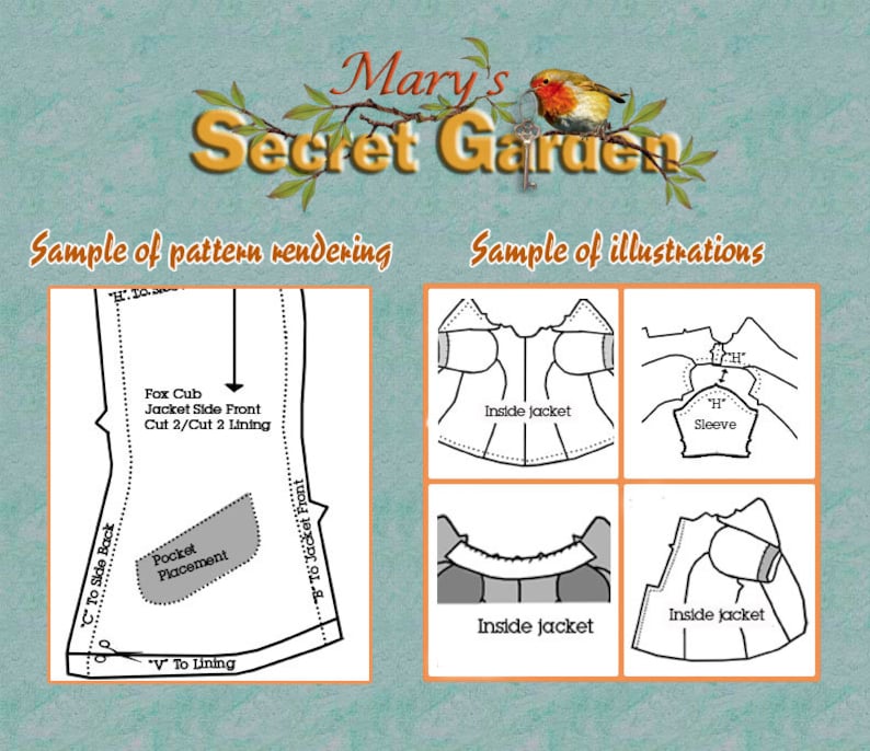 May include: A black and white illustration of a sewing pattern for a jacket. The pattern includes instructions for the side front, pocket placement, and lining. The illustration also includes a diagram of the inside jacket and sleeve.