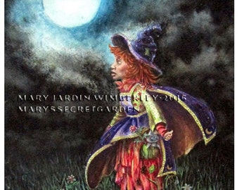 Fine Art Print, Watercolor Painting, Mary Wimberley, Little Girl Witch, Storybook Art, Book Illustration, Children Story, Fairytale Art