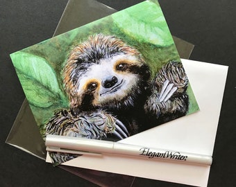 5 Sloth Art Cards, 5 Sloth Note Cards, 5 Sloth Gift Card Set, I love You Card, Watercolor Art Card , Note Card Gift Pack, 3 Toed Sloth Art