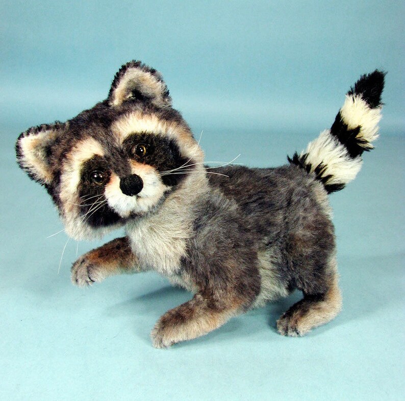 May include: A plush raccoon toy with a black and white striped tail, gray and black fur, and black eyes. The toy is standing on a light blue background.