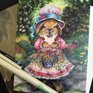 5 cartes de Pâques, lot de cartes d'art lapin, Pâques aquarelle, panier de fleurs de lapin, lapin de jardin habillé, panier de lapin de fille, cartes de lapin de fleur