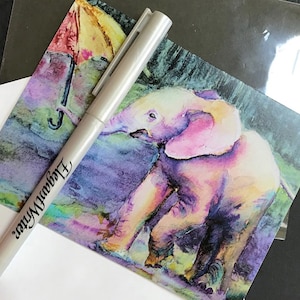 5 Elephant Card Pack, Pink Elephant Cards, 5 Baby Elephant Cards, Watercolor Cards, 5 Animal Art Cards, Elephant Umbrella, Colorful Elephant
