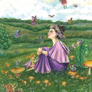 May include: A woman with a flower crown sits in a field of green grass and mushrooms.  She is surrounded by fairies with wings of various colors.  The fairies are flying in the air and sitting on mushrooms.