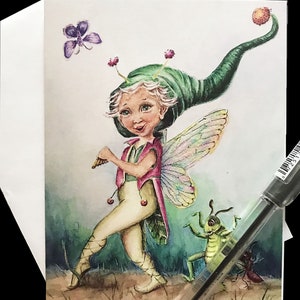 May include: A watercolor painting of a whimsical fairy with a green hat and wings, playing a flute. The fairy is wearing a pink vest and yellow pants. There is a green grasshopper and two red ants in the background.