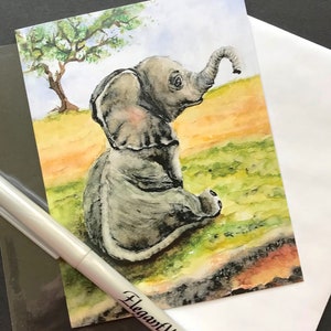 Lot de 5 cartes éléphant, cartes éléphanteau, 5 cartes éléphanteau, aquarelles, 5 cartes art animalier, savane africaine, tableau éléphant