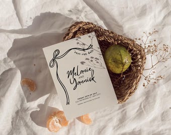 Whimsical Bow Save The Date Invitation Template, Modern Hand Drawn Ribbon Design, Elegant Wedding Announcement, Canva, Digital Download