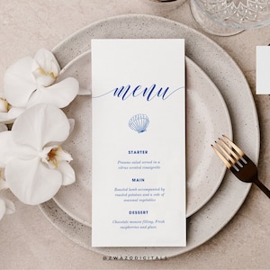 Plantilla de menú de boda, boda en la playa, menú de conchas marinas, menú imprimible, descarga instantánea, menú de cena de boda en la playa, editable en CANVA