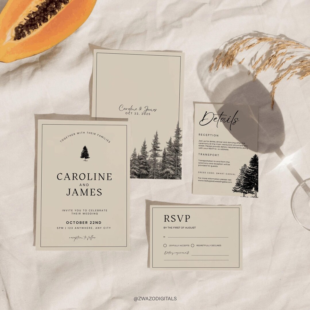 Pine Tree Wedding Invitation Template, Forest Mountain Design, Trees ...